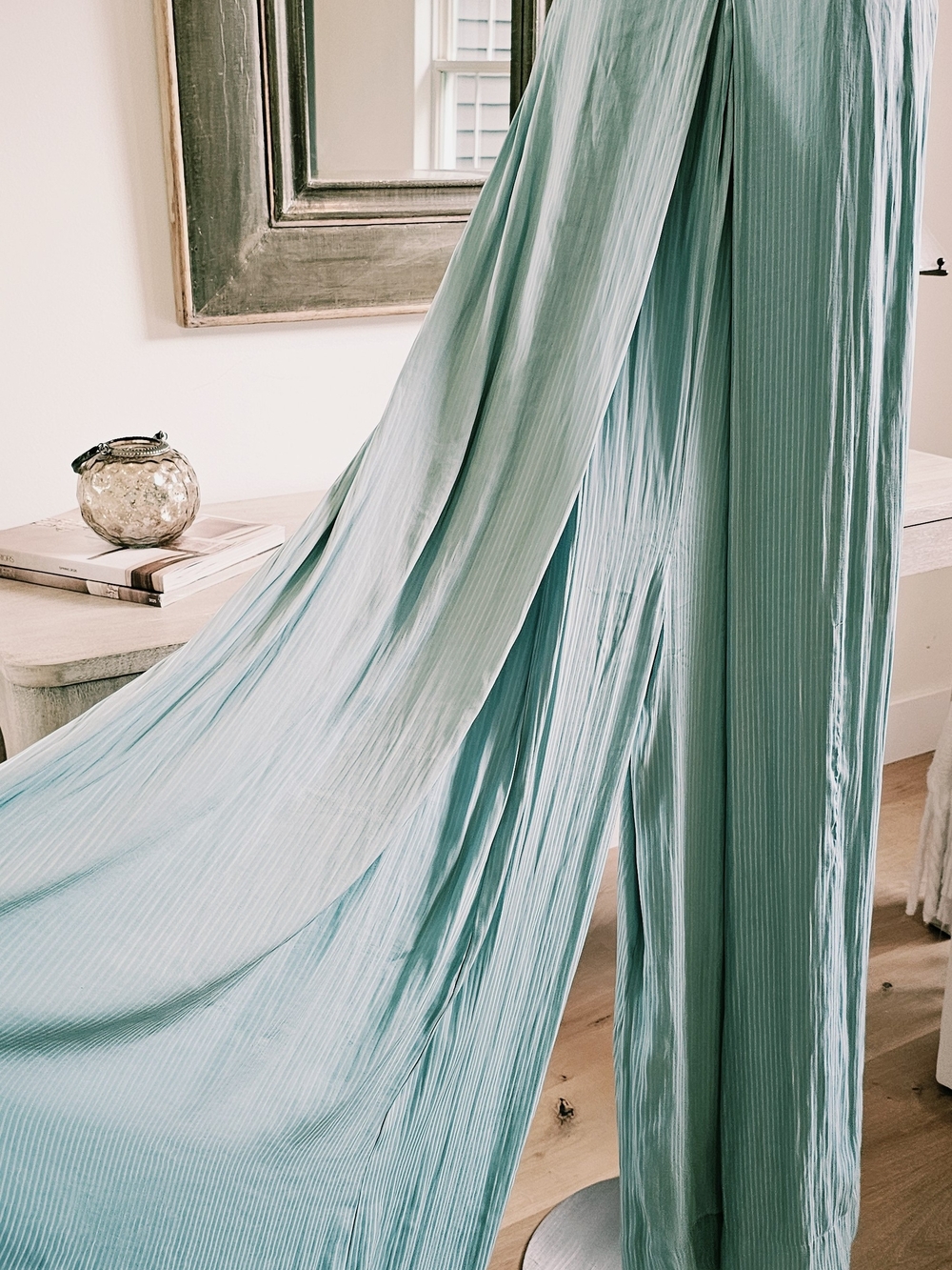 Free People Light Teal Strapless Wide Leg Jumpsuit Satin Emboidered XS